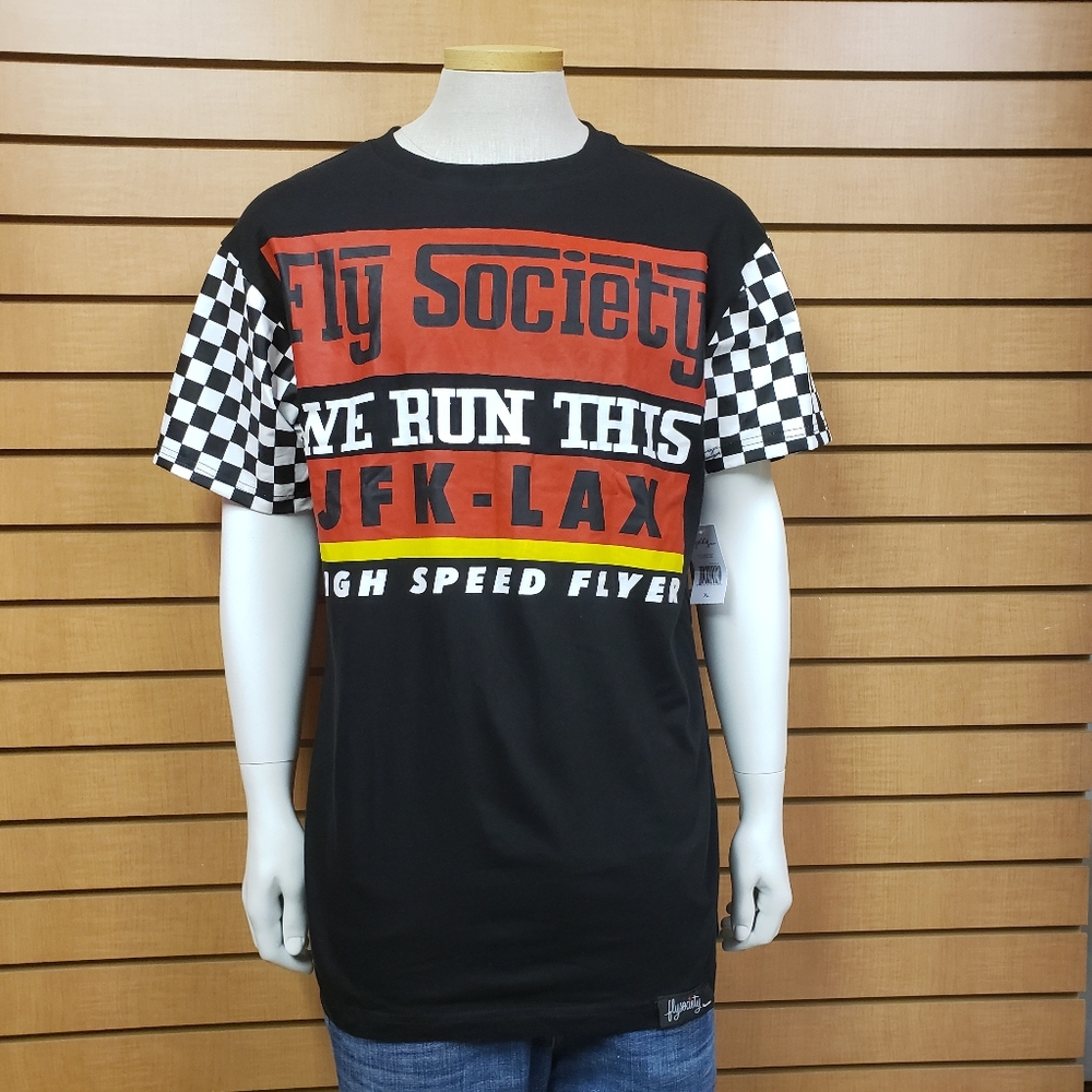Fly Society T-Shirt Mens XL JFK-LAX Graphic Tee Checkered Sleeves NWT